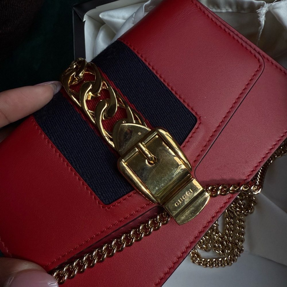 Gucci Red Leather Clutch with Gold Chain